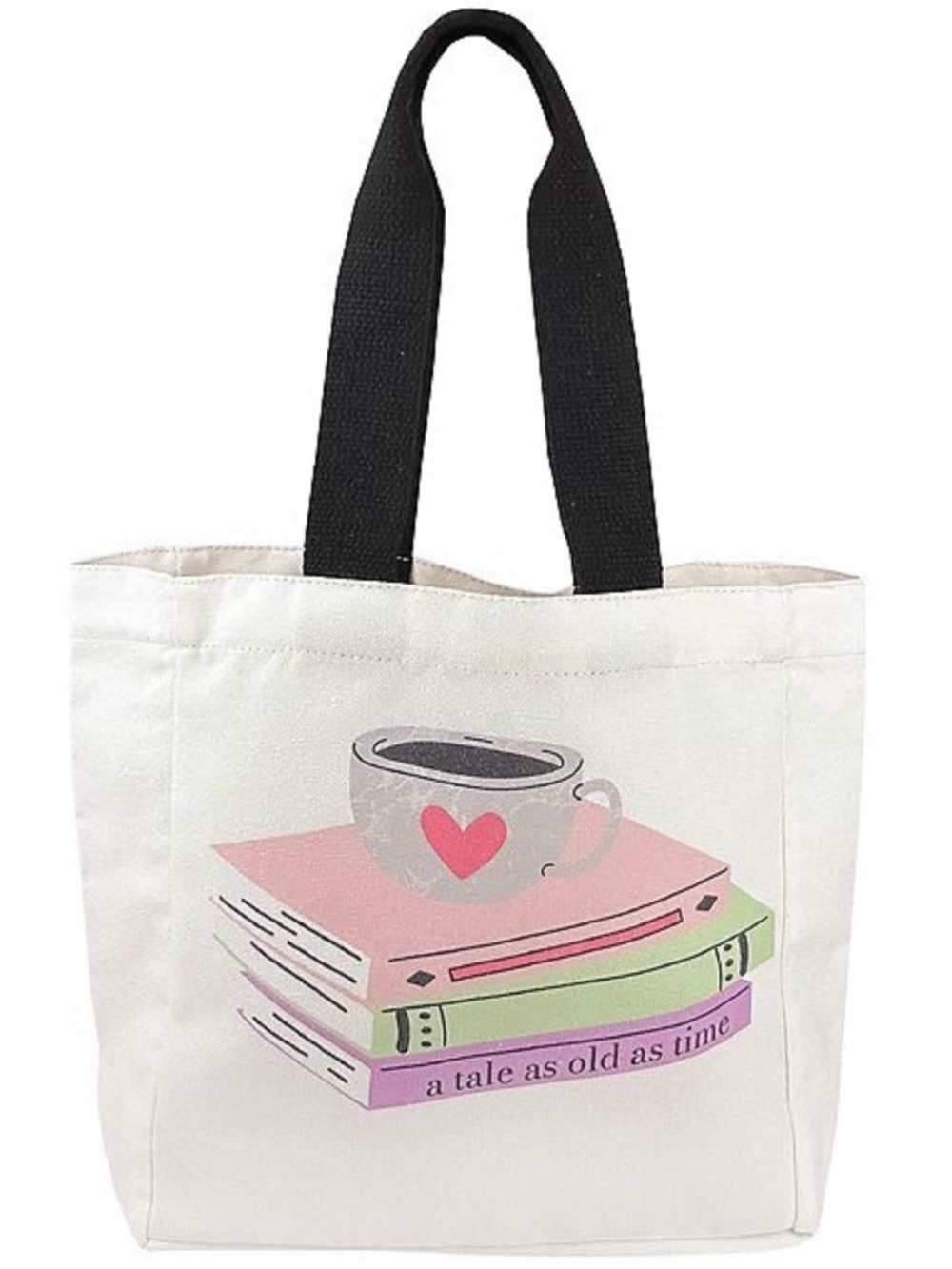 White Canvas Tote Bag with Book & Coffee Print